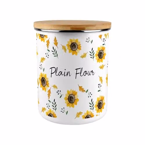 Purely Home Sunflower Plain Flour Canister, Yellow and White Floral Enamel Kitchen Storage Tin, 2.7 l – 1