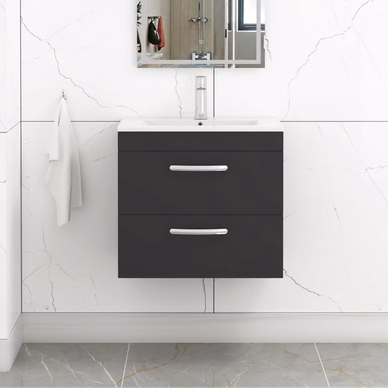 Royal Bathrooms Turin 600mm Wall Hung Vanity Unit with 2 Drawers and Minimalist Basin in Matt Black