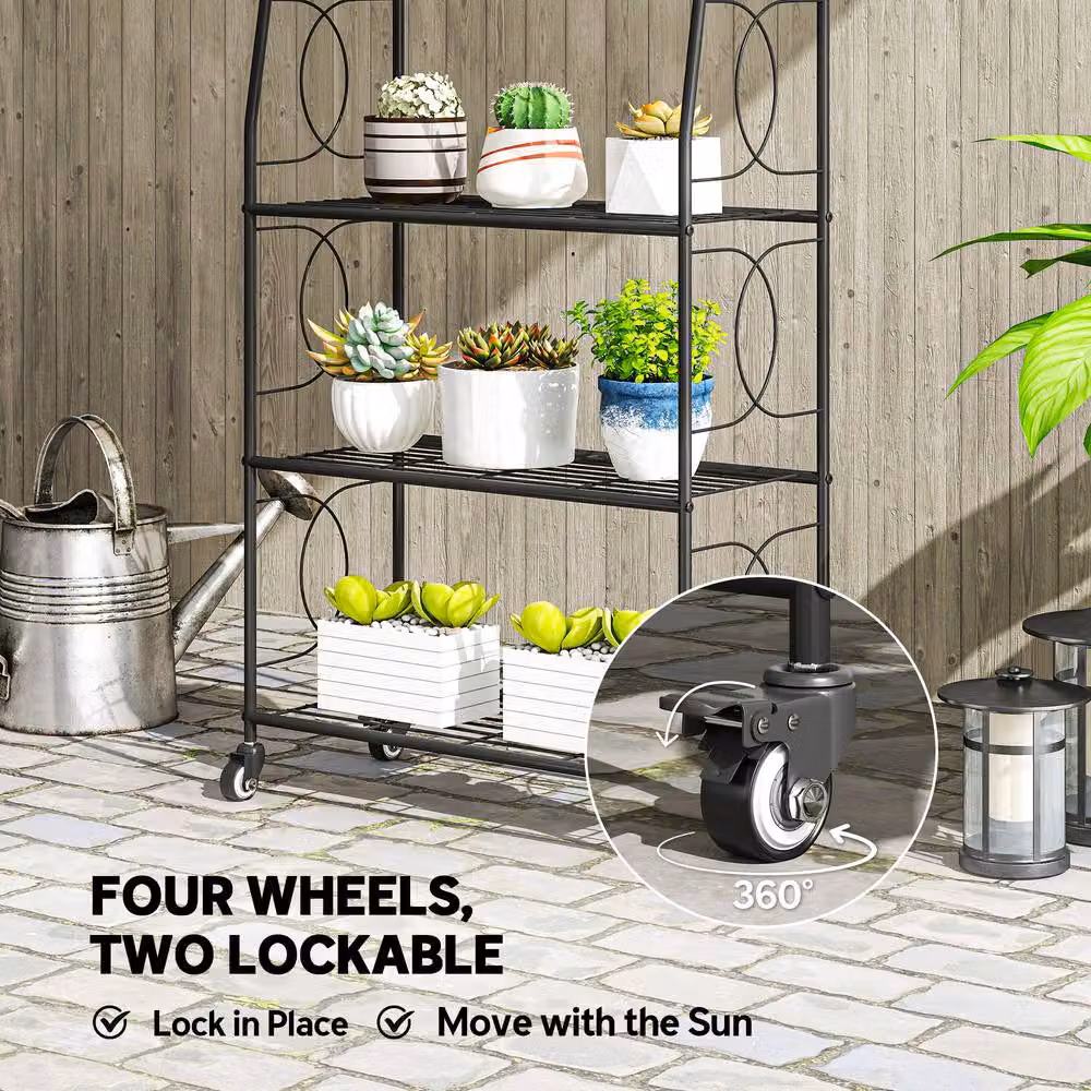 OUTSUNNY 4-Tier Metal Plant Stand with Lockable Wheels, Black, H 114.0 x W 63.5 x D 29.0 cm – 4