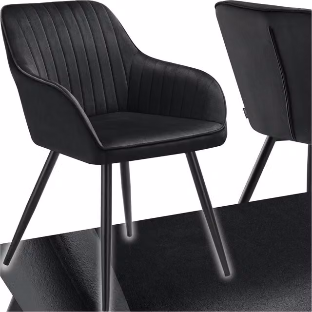 TECTAKE Marilyn Dining Chair in Black Quilted Velvet with Steel Legs