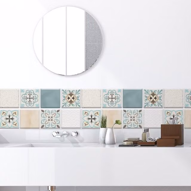WALPLUS Blue Mediterranean Floral 3D Adhesive Rectangular Tile Stickers