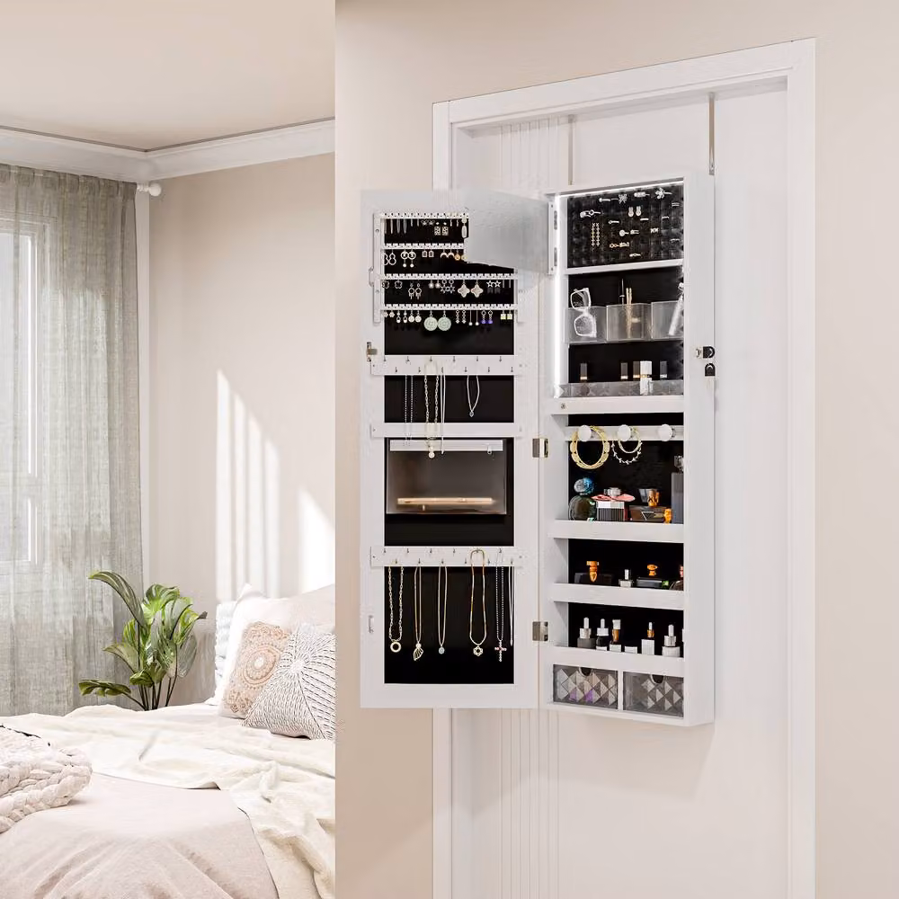 STILVORA White Matt Jewellery Cabinet with LED Lighting, Full Length Mirror and Lock – 3