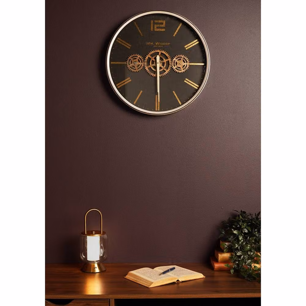 William Widdop Industrial Round Analog Wall Clock with Moving Gears in Black Metal – 2