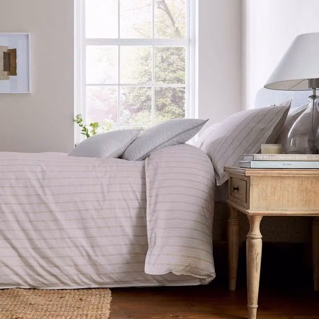 Murmur Juno Striped Linen and Cotton Duvet Cover and Pillowcase Set, Beige, W: 200 cm x H: 200 cm