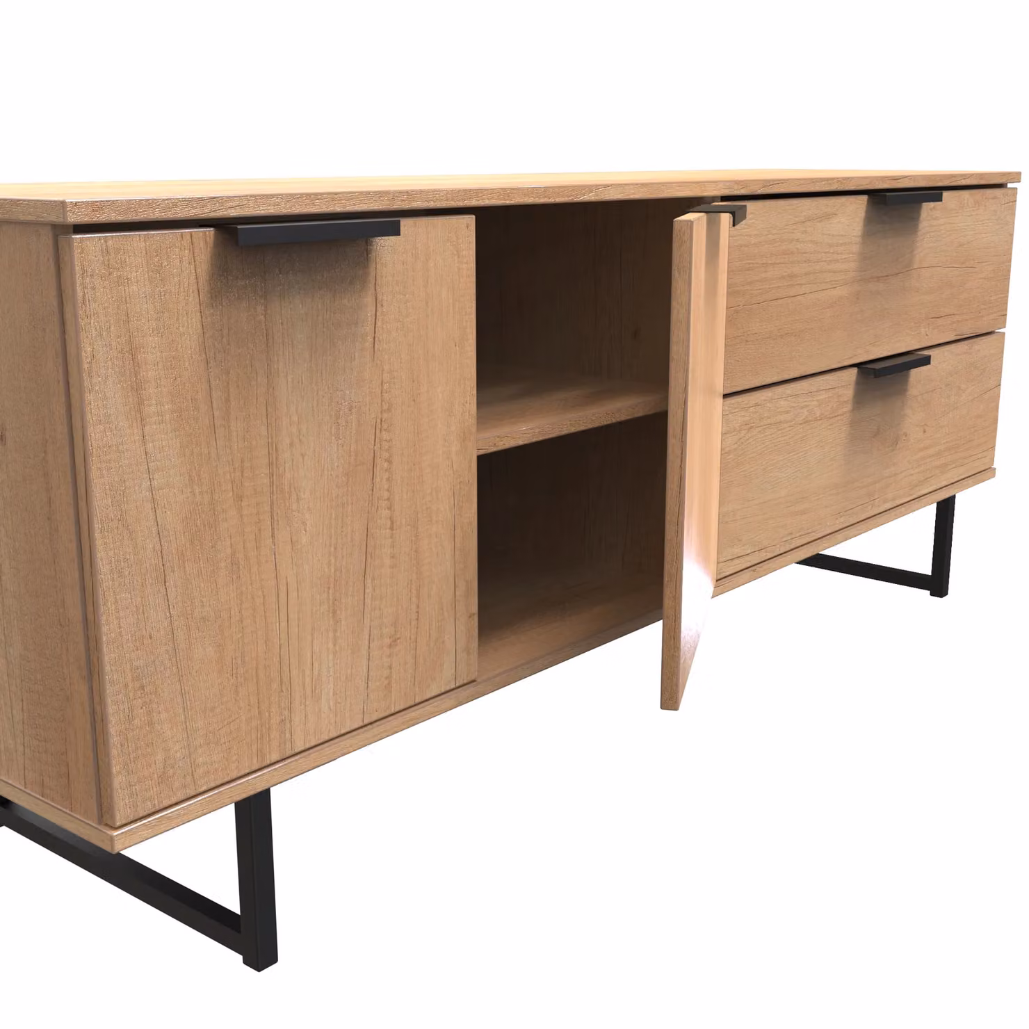 Ready Assembled 2 U Fuji Wide Sideboard with 2 Doors and 2 Drawers in Natural Sand and Brown Wood Finish – 3