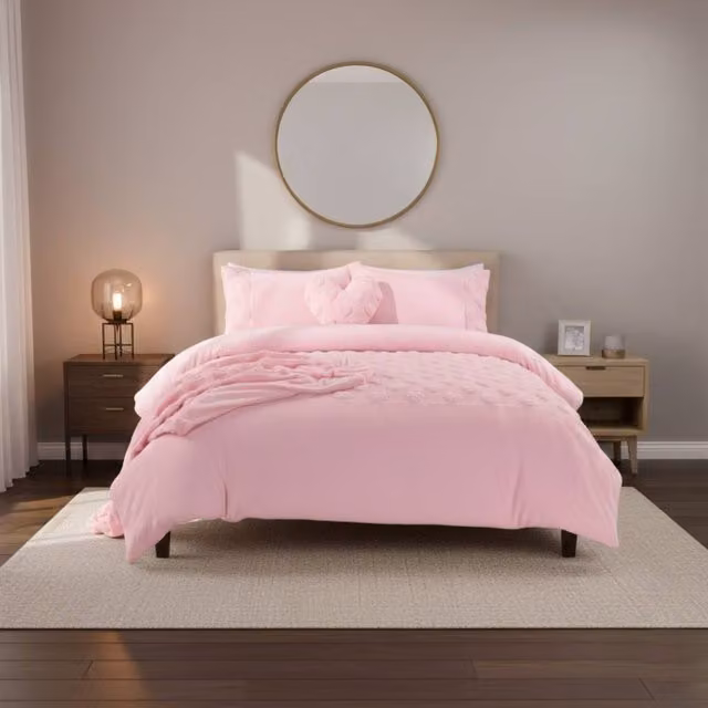 Snug City Pink Heart Embossed Teddy Fleece Duvet Cover and Pillowcase Set, King Size (W: 180 cm, L: 200 cm) – 1