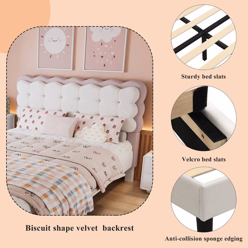 ModernLuxe Upholstered Velvet Kids Double Bed with Headboard in Beige, W/D/H: 140 x 190 x 109 cm – 3