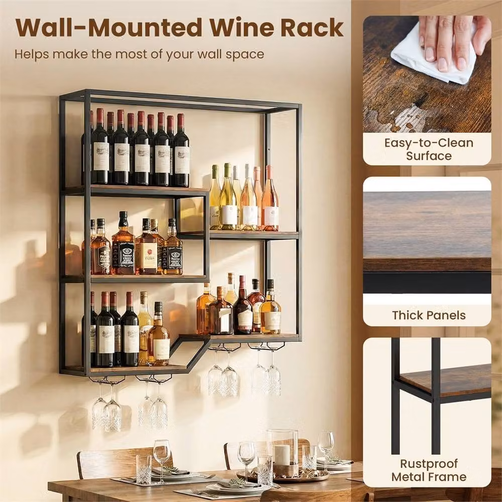Kelvenix 5-Tier Industrial Wall Mounted Wine Bottle Display Shelf with 4 Glass Holders in Brown – 4
