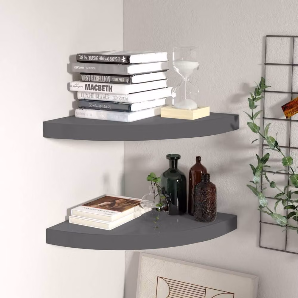 Berkfield Home Durable Floating Corner Shelves, 2 Pack, High Gloss Grey, W/D/H: 35 x 35 x 3.8 cm – 2