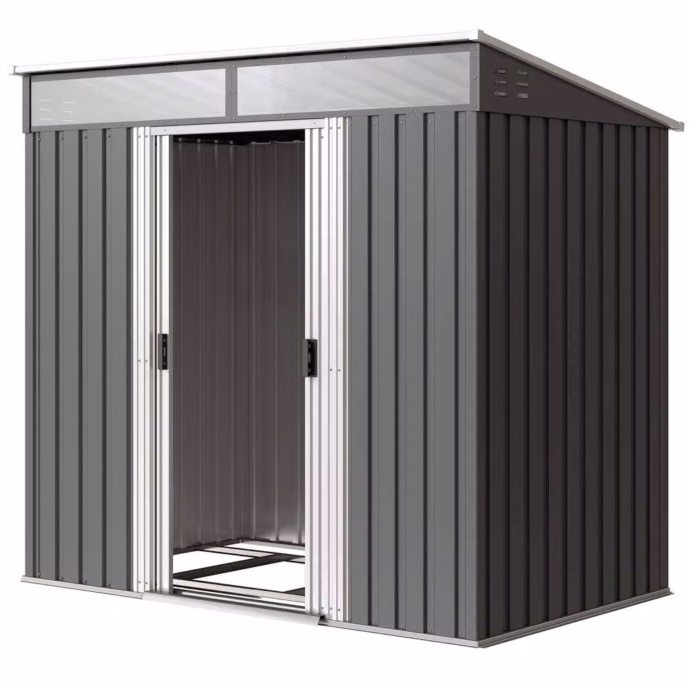 Rolipo Grey Galvanised Metal Pent Shed with Sliding Doors and Side Vents, W/D/H: 198.12 x 121.92 x 181.5 cm – 2