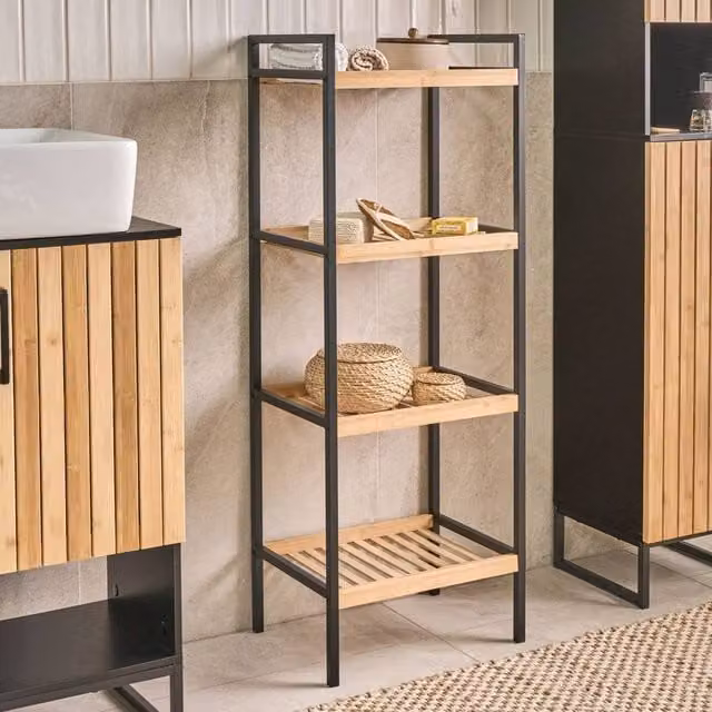 Wyld and Coco Zen Freestanding Bamboo Bathroom Shelving Unit in Light Brown and Black