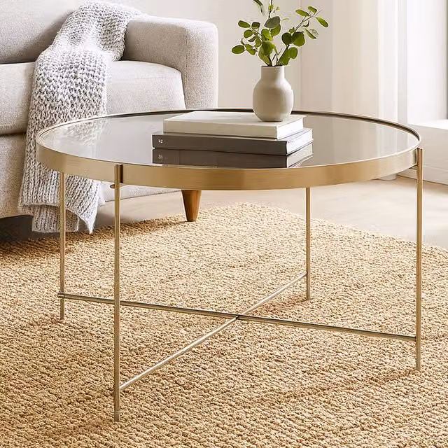 Orsina Round Silver Mirror Side Table with Chrome Lattice Base and Glass Top, Grey