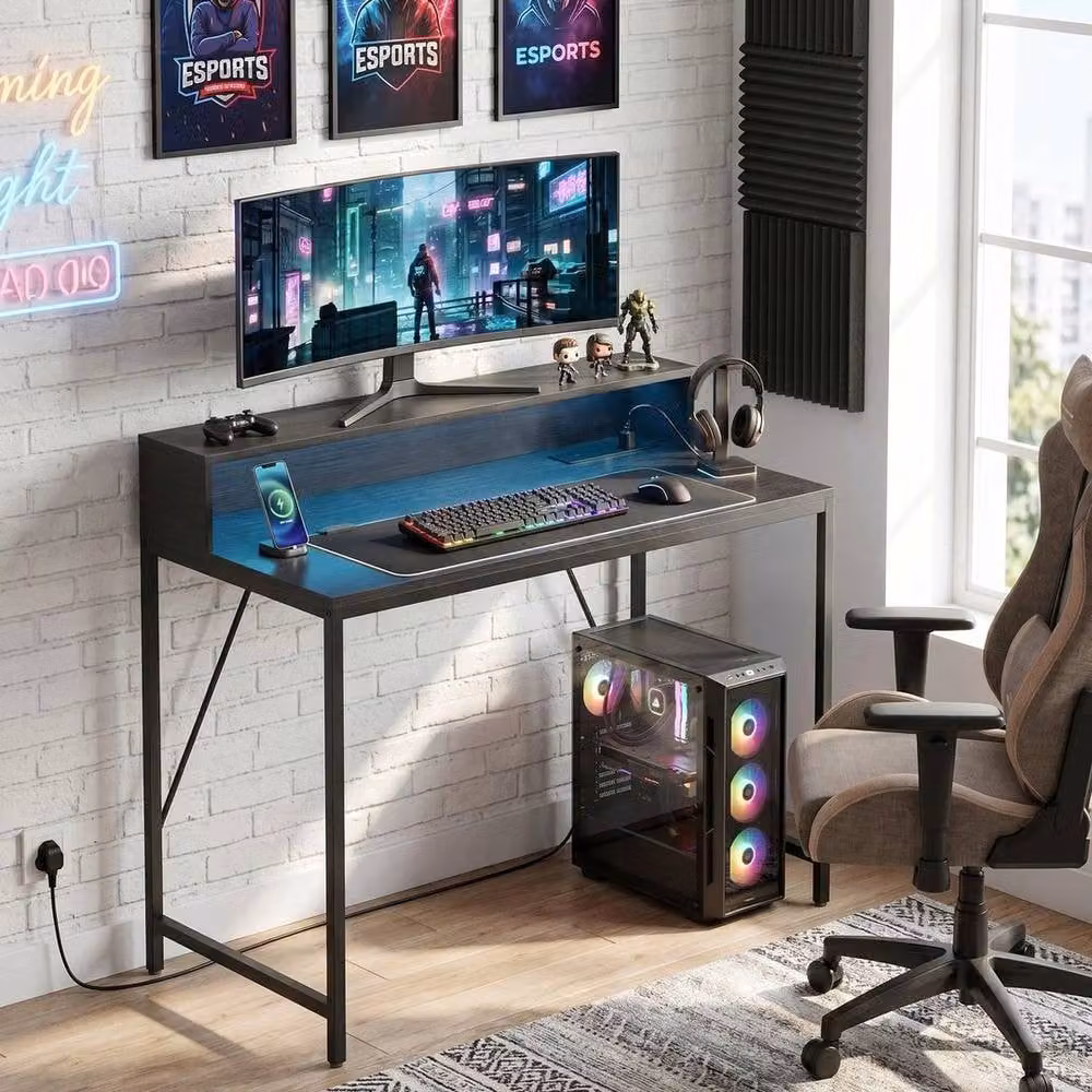 FORGEVIO Black Gaming Desk with LED Lights and Power Outlets, W/D/H: 120 x 60 x 75 cm – 5