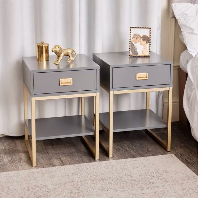 Melody Maison Pack of 2 Modern Bedside Tables in Grey and Gold