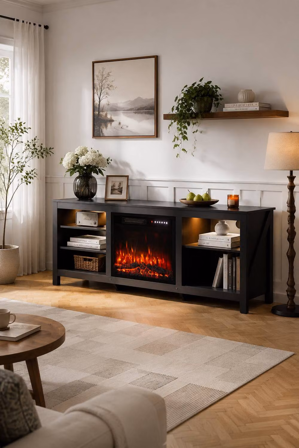 Living and Home Modern 2-in-1 Electric Fireplace TV Stand with Remote and 12 Flame Colours, Black – 2