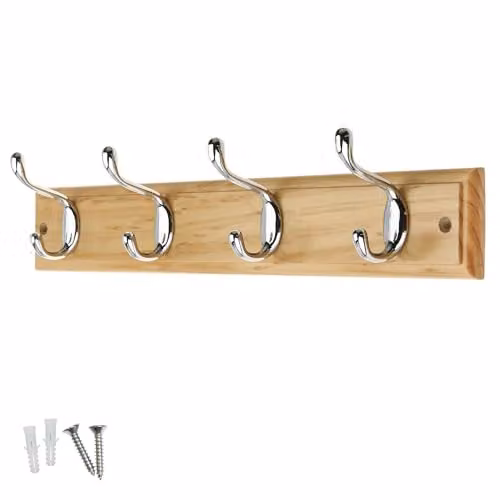Keypak Wall Mounted Rustic Pine Effect Coat Rack with 4 Silver Chrome Hooks, Brown