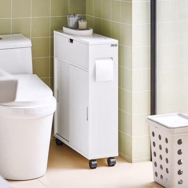 SoBuy Slim White Matt Bathroom Side Cabinet with Sliding Doors and Internal Shelves – 1