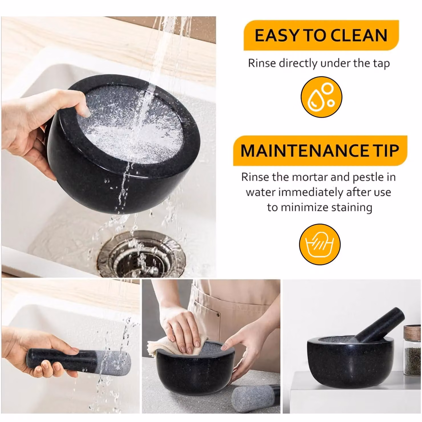 Simpa Black Granite Marble Mortar and Pestle Set in Dark Grey, Diameter: 16 cm – 2