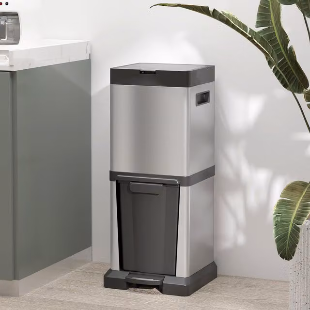 HOMCOM Double Kitchen Bin with Soft-Close Lid and Pedal, 20L and 14L, Silver Stainless Steel