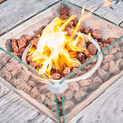 Teamson Home Outdoor Rattan Propane Gas Fire Pit Table with Glass Screen and Lava Rocks in Grey and Brown – 4
