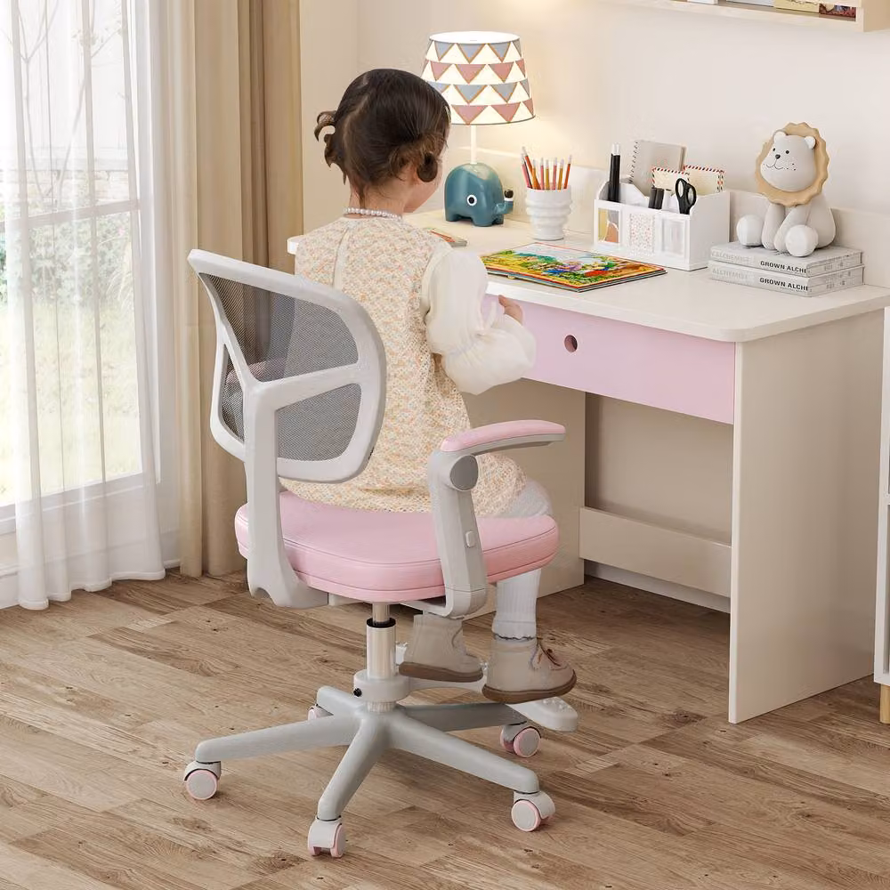 Costway Pink Adjustable Height Childrens Swivel Task Chair with Armrests and Castors – 3