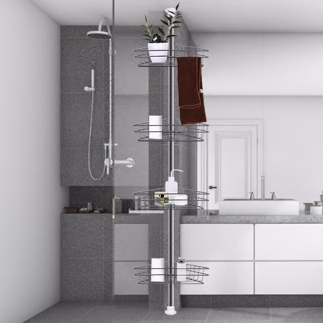 Livingandhome 4 Tier Telescopic Corner Shower Caddy in Black, Adjustable Stainless Steel Tension Rod Bathroom Storage Shelf