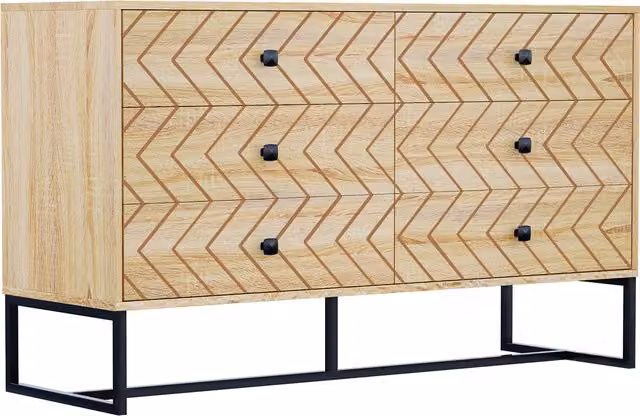 HOMCOM 6 Drawer Chest Sideboard Cabinet with Zig Zag Design and Black Metal Handles, Brown, H 71 x W 120 cm