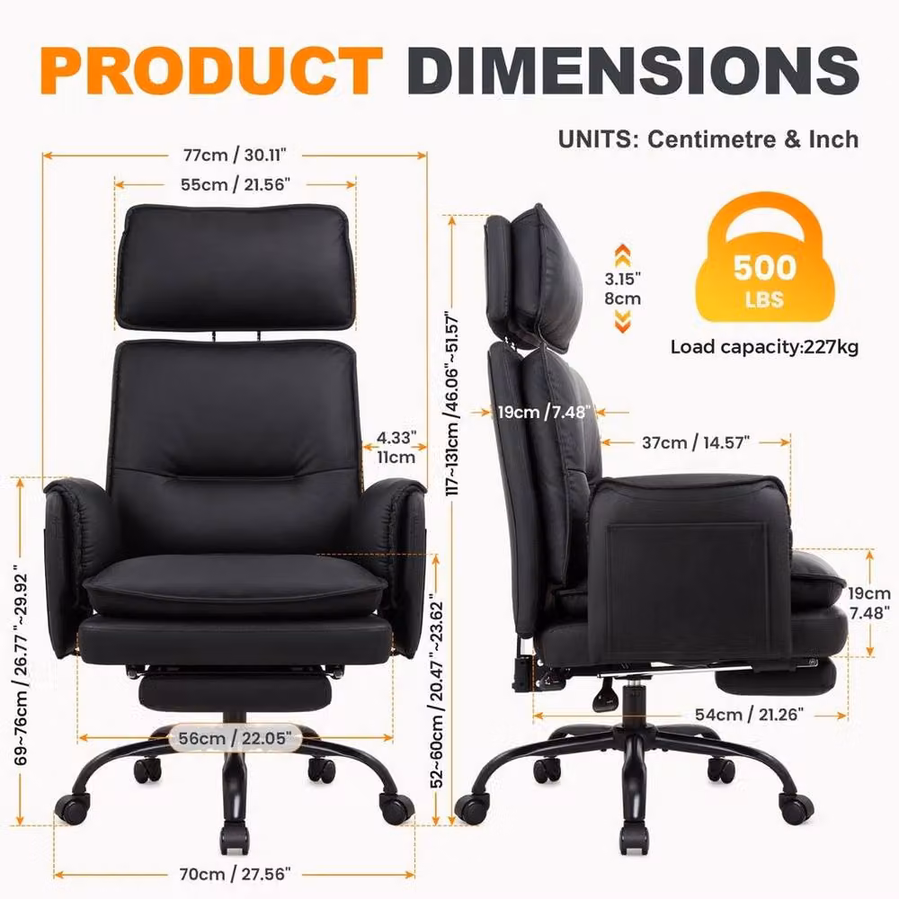 FORGEVIO Black Executive Big and Tall Office Chair with Headrest and Armrests – 3