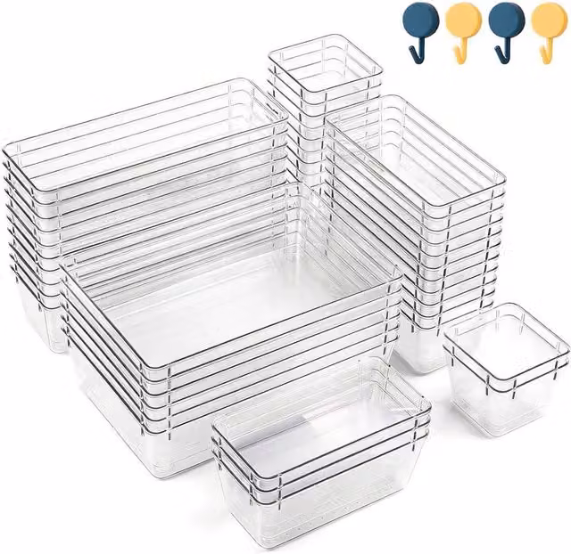 Ventryn 44-Piece Plastic Drawer Organiser Set with Dividers in Clear