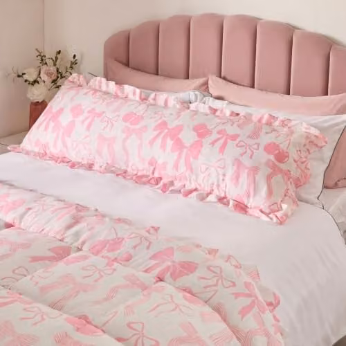 OHS Bow Print Frill Bolster Pillow with Soft Hollowfibre Filling for Maternity Support and Side Sleeping, Pink