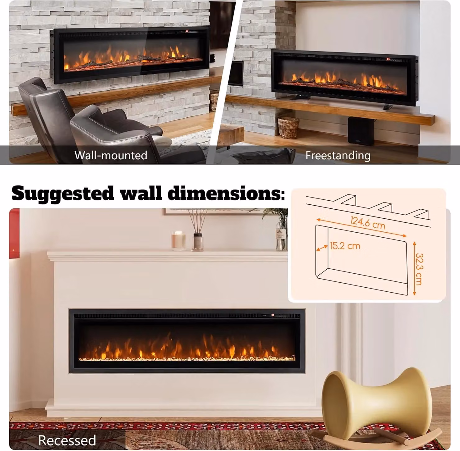 Gymax 127cm Freestanding Electric Fireplace Heater with 12 Flame Effects and 8H Timer in Black – 6