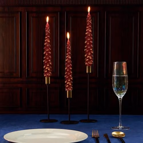 Deco Express Christmas Tree Dinner Candle Set in Red and Gold – 4
