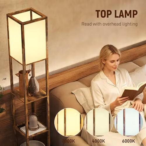 HOMCOM 4-Layer Rustic Brown Column Standing Floor Lamp with USB Ports and E27 Socket – 4