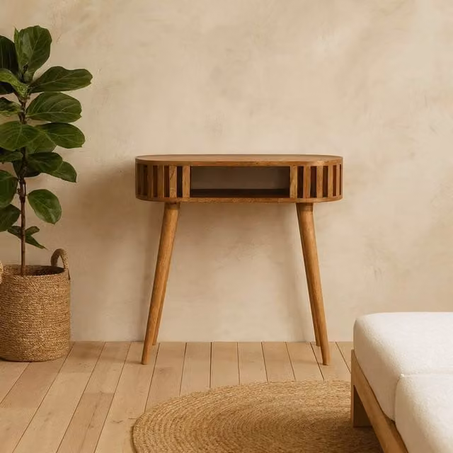 Wyld Haus Kailua Mango Wood Console Table with Open Shelf in Brown Oak Finish – 1