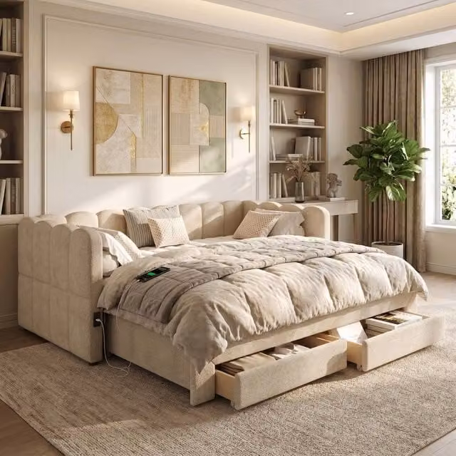 Merax Beige Upholstered Extendable Daybed with 2 Storage Drawers and USB Charging Ports, W/D/H: 90 x 190 cm – 1