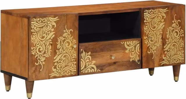 Berkfield Home Solid Mango Wood TV Cabinet in Brown and Gold, W/D/H: 105 x 33 x 46 cm