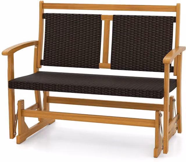 Gymax Outdoor Acacia Wood Glider Bench with Rattan Backrest in Brown – 1