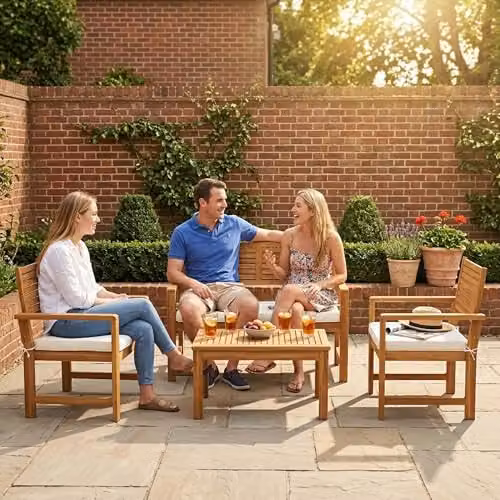 Outsunny 4 Seater Acacia Wood Garden Furniture Set with White Cushions – 6