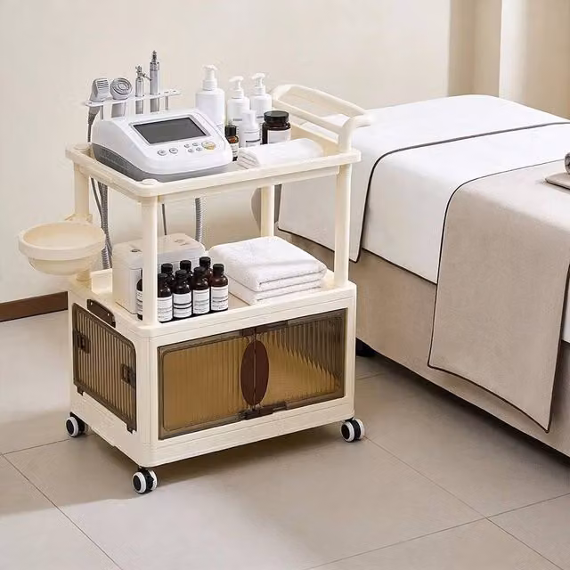 EONLION Beige Rolling Kitchen Cart with Cabinet and Open Shelf, W/D/H: 51 x 36 x 73 cm