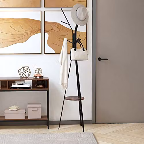 HOMCOM Brown Metal and MDF Freestanding Coat Rack Stand with 9 Hooks and 1 Shelf, H 180 x W 45 x D 45 cm – 2