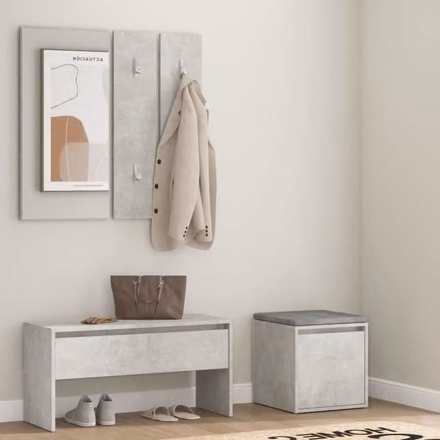 Berkfield Home Modern Hallway Furniture Set in Concrete Grey including Bench, Shoe Cabinet, Mirror and Wall Rack – 1