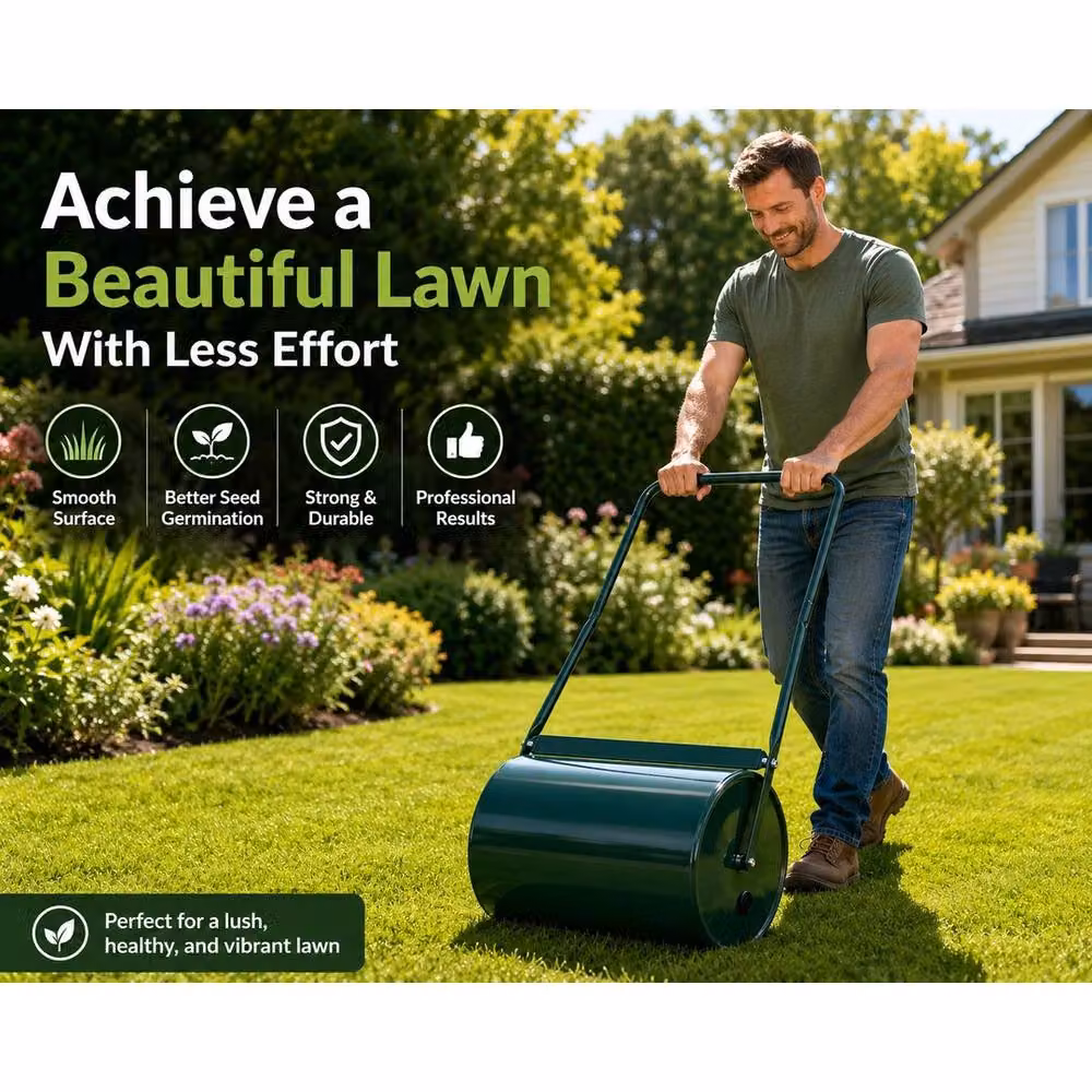 VOGREX Heavy Duty Metal Lawn Roller, Green, 30L Sand or Water Fillable – 3