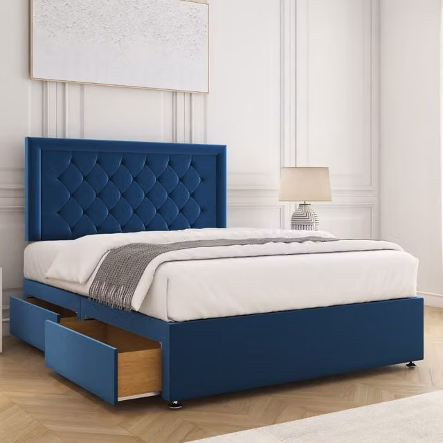 BSSPOKE Nova Plush Divan Bed Set with 24 inch Headboard, Mattress and 2 Drawers in Blue, Super King, W/D/H: 200 x 200 cm – 1