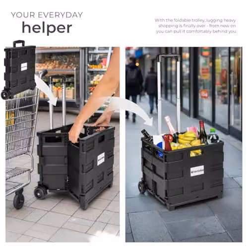 tectake 46L Folding Shopping Trolley in Black with Aluminium Telescopic Handle and 2 Wheels, W: 45 cm, D: 37.5 cm, H: 45-97 cm – 4