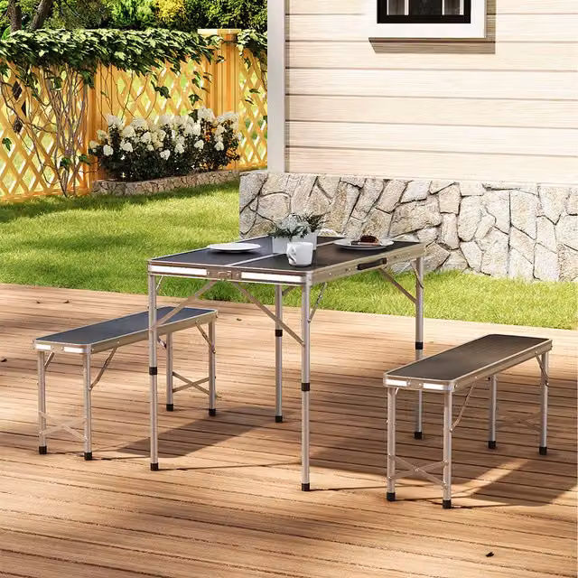 Livingandhome Portable Foldable Camping Table and Benches Set in Black Matt Powder Coated Aluminium