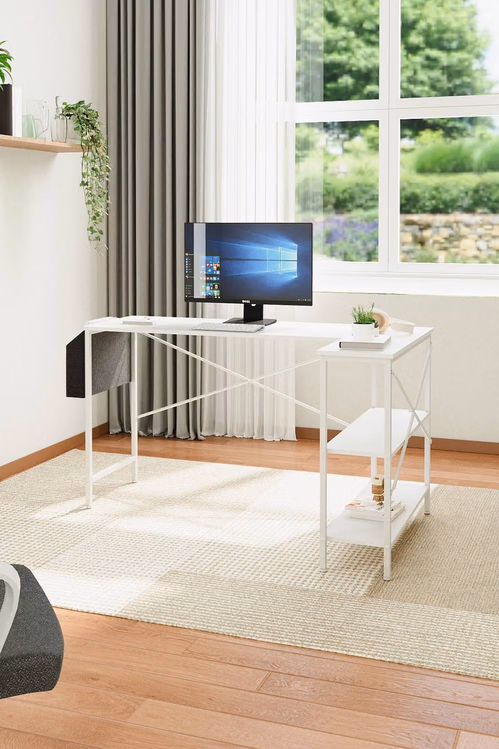 H&O Direct White L-Shaped Corner Office Desk with Hanging Storage Bag and Shelves – 2