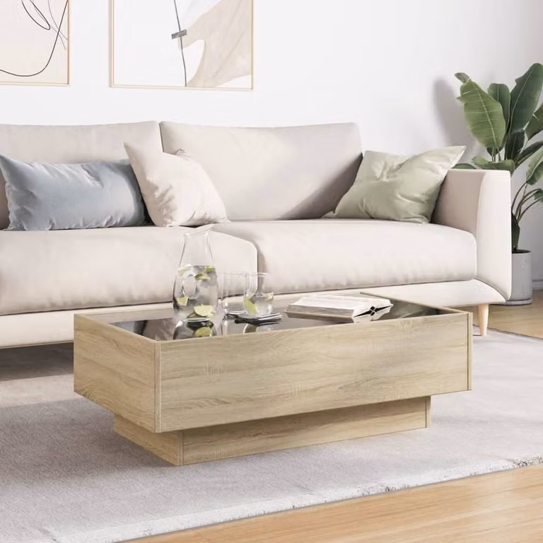 Berkfield Home LED Coffee Table in Sonoma Oak and Beige, W/D/H: 90 x 50 x 30 cm