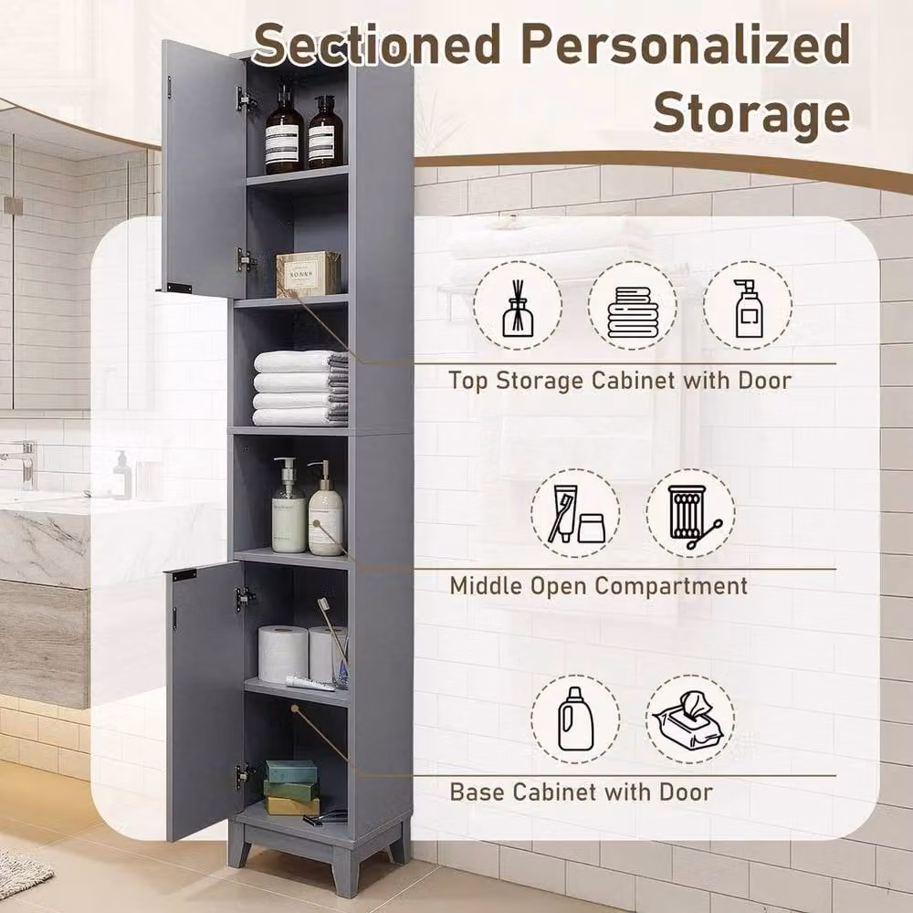 KORVIXA Grey Bathroom Storage Unit with Open Shelves and 2 Hinged Doors, W: 70 cm, H: 75 cm – 4