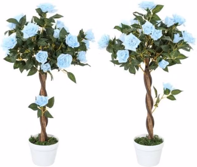 Dyzi Set of 2 Blue Artificial Rose Potted Faux Trees, Height: 90 cm