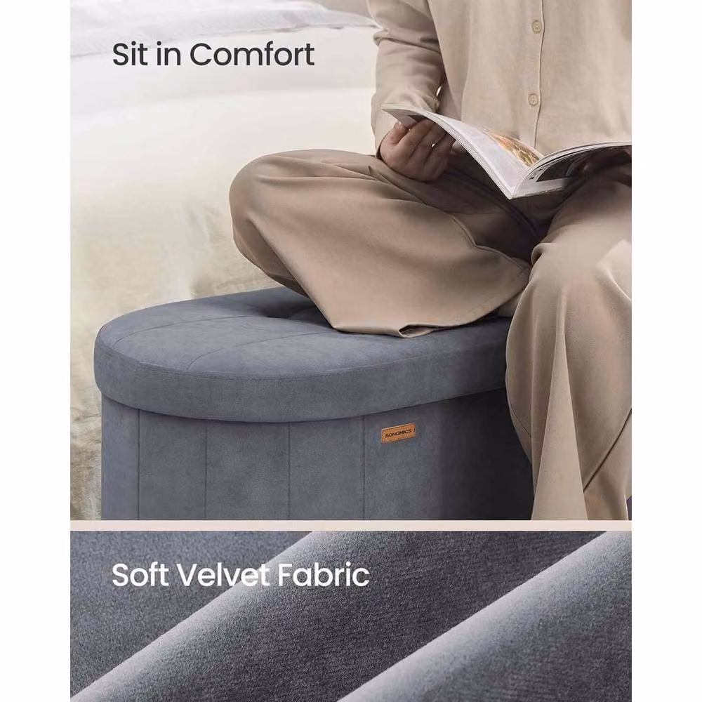 The Bazaarist Foldable Velvet Storage Bench with Hidden Storage in Dark Grey – 4